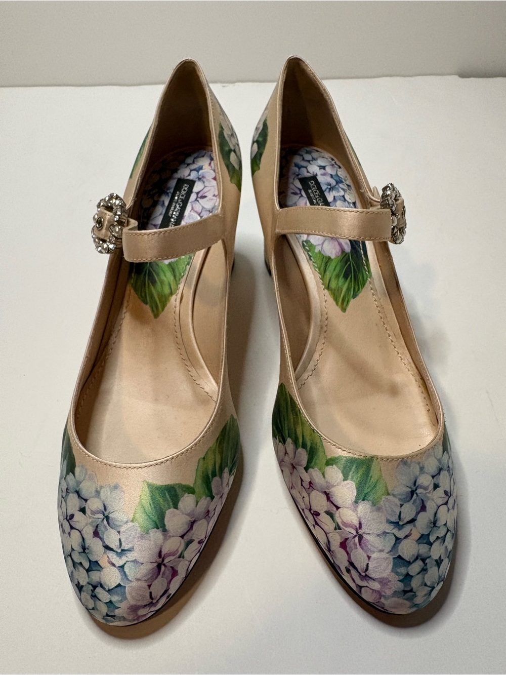 Dolce & Gabbana Cream Mary Jane Heels with Printed Floral Print